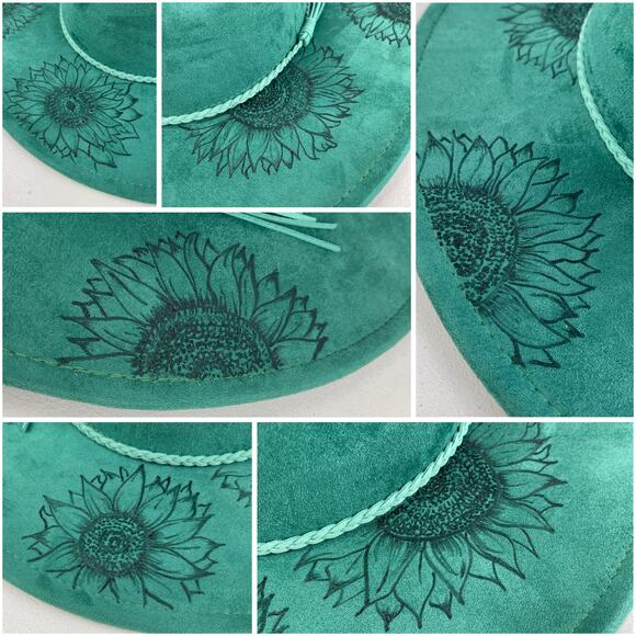 Emerald Green Faux Suede Hand Burned Wide Flat Brim Hat Sunflowers ADJUSTABLE SZ - Picture 6 of 16